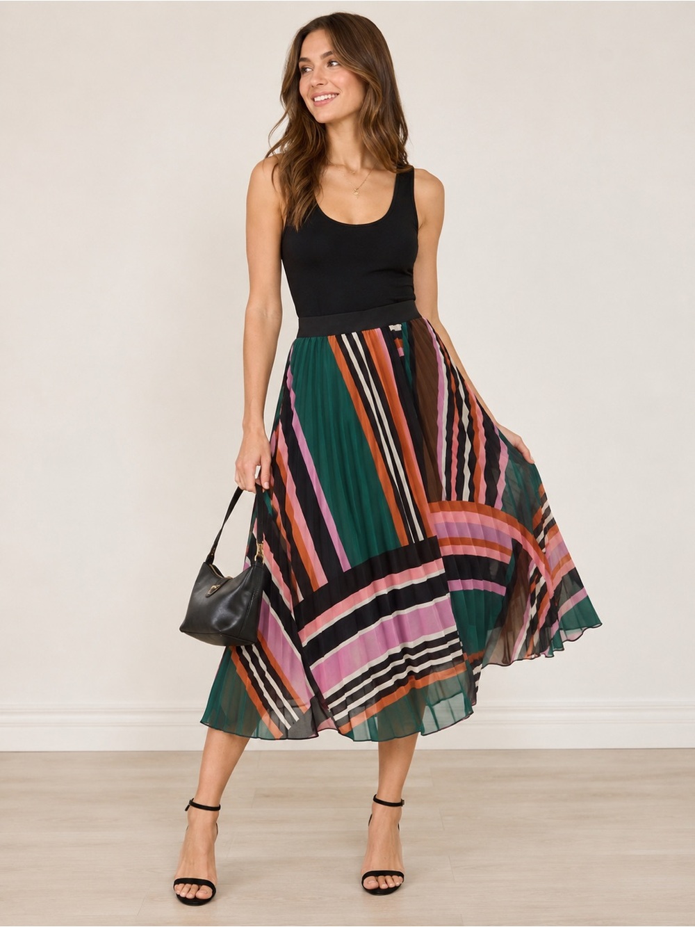 ba&sh Pleated Midi Skirt in Green, Pink, Brown & Black